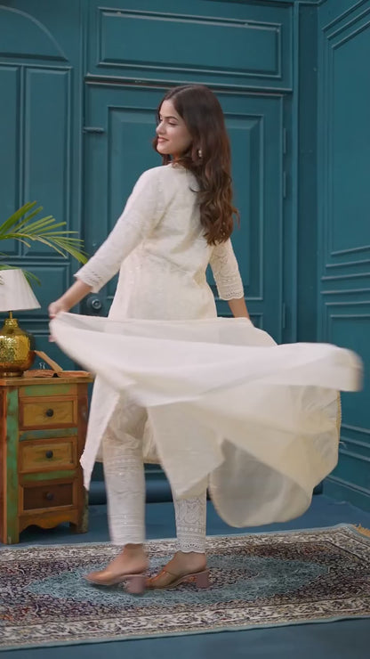 Off White The Chikankari Cotton Kurti Pai With Pants And A Chanderi Dupatta For Women