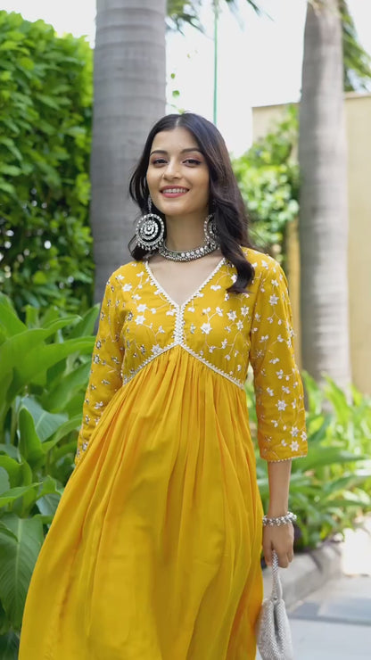 Yellow Rayon Dress With Sequence Embroideryry And Samosa Lace For Women