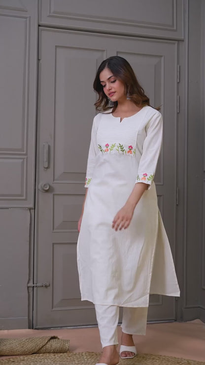 Off White Embroidery Cotton Kurta And Pant Set For Women