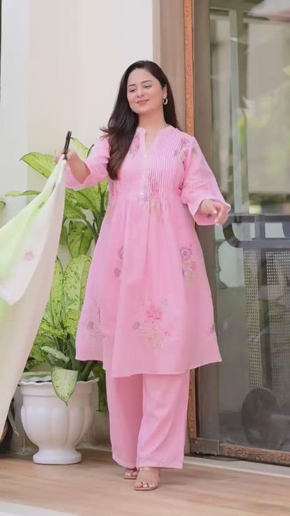 Baby Pink Cotton Threadwork A Line Kurta Set For Women