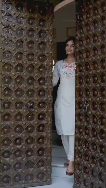 White Kalidar Style Kurta With Colourful Threadwork Hand Embroidery For Women