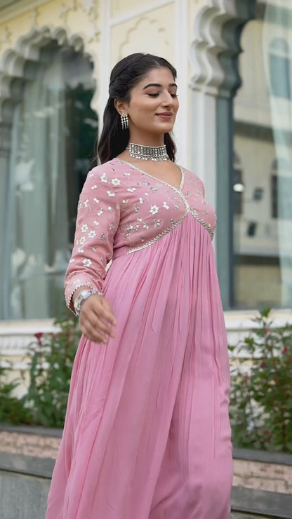 Pink Rayon Dress With Sequence Embroideryry And Samosa Lace Detailing On Yoke And Sleeves For Women
