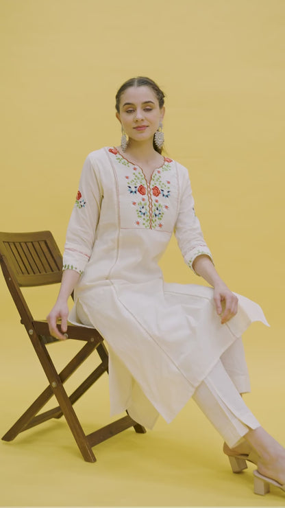White Kalidar Style Kurta With Colourful Threadwork Hand Embroidery For Women